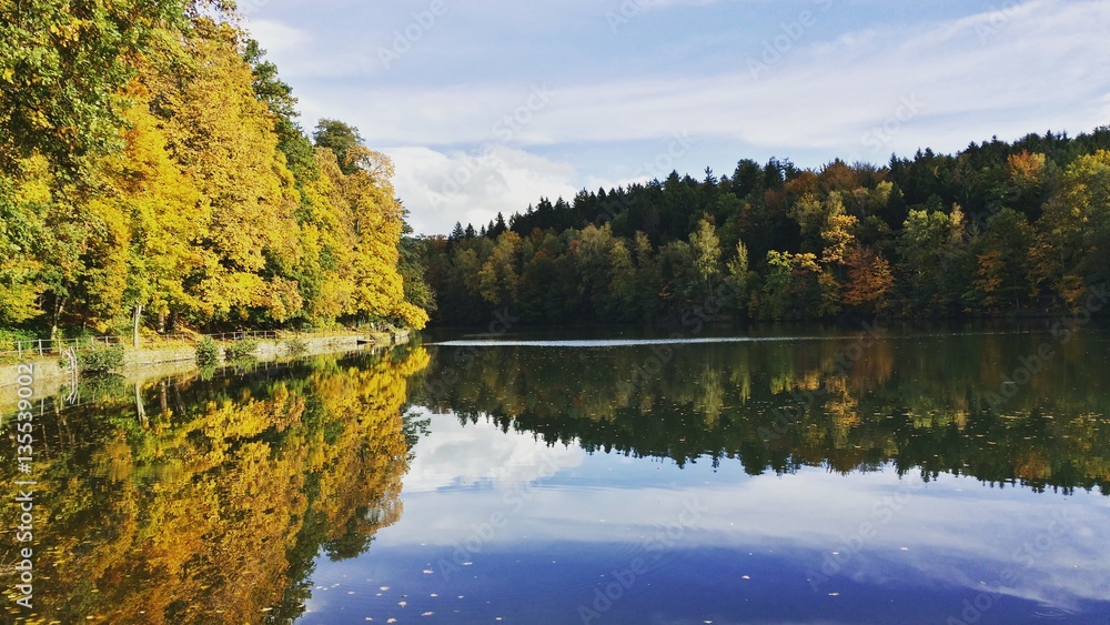 Autumn view at water surface where trees and sky are reflexing in water.