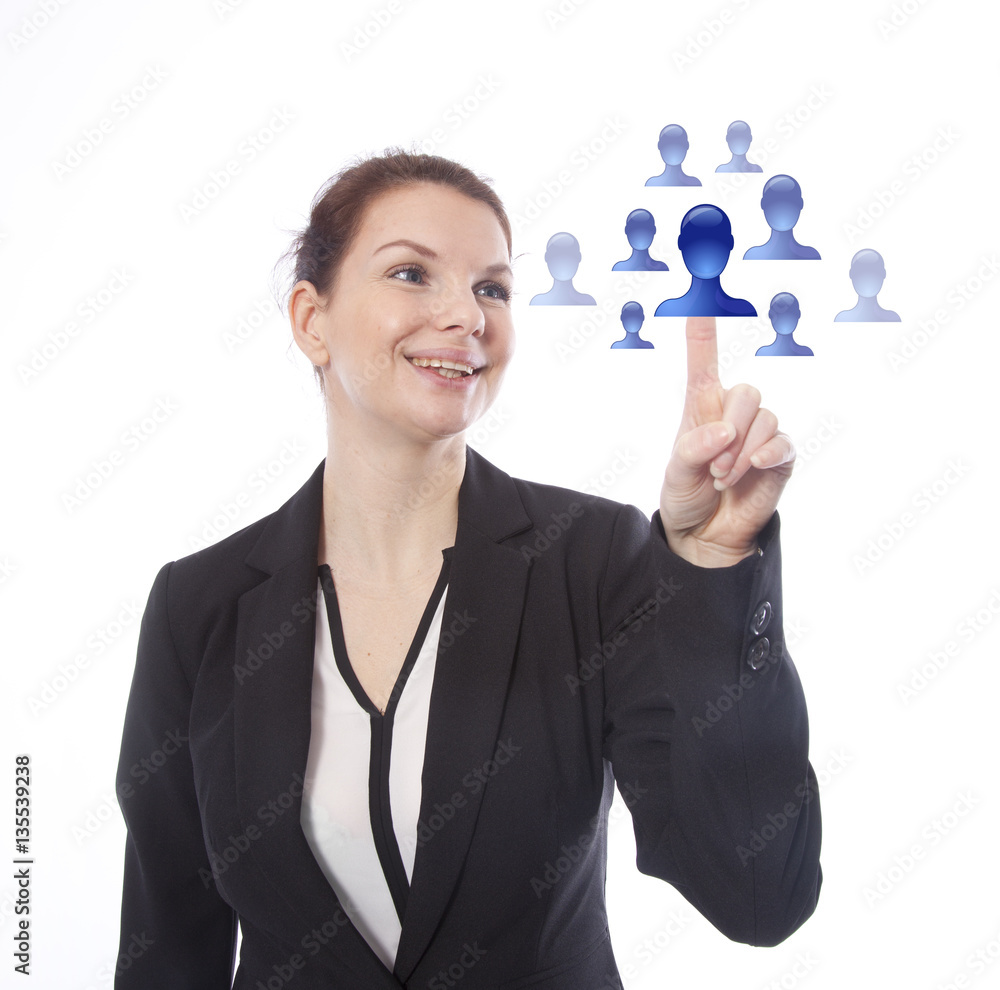Young businesswoman selecting virtual online friends isolated on white background Young businesswoman selecting virtual online friends isolated on white background