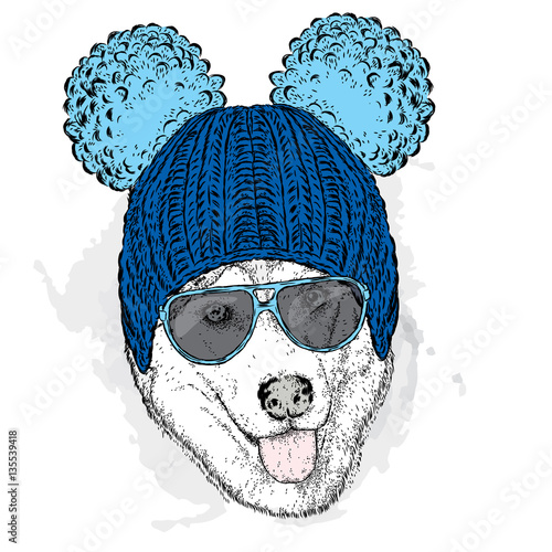 Cute puppy wearing a hat and sunglasses. Illustration for a card or poster. Vector illustration. Dog.