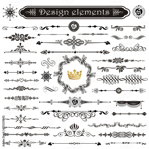 Vector set of calligraphic design elements and page decor.