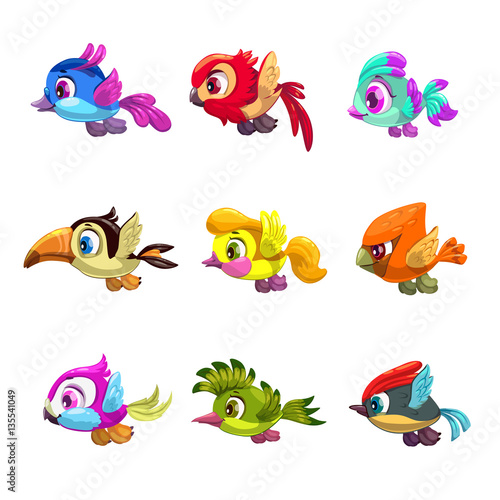 Canvas Print Little cute cartoon lying birds set.