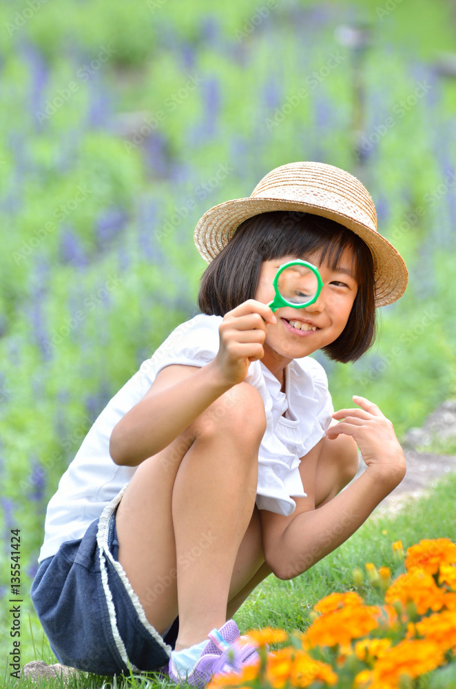 虫めがねで花を観察する女の子 麦わら帽子 Stock Photo Adobe Stock