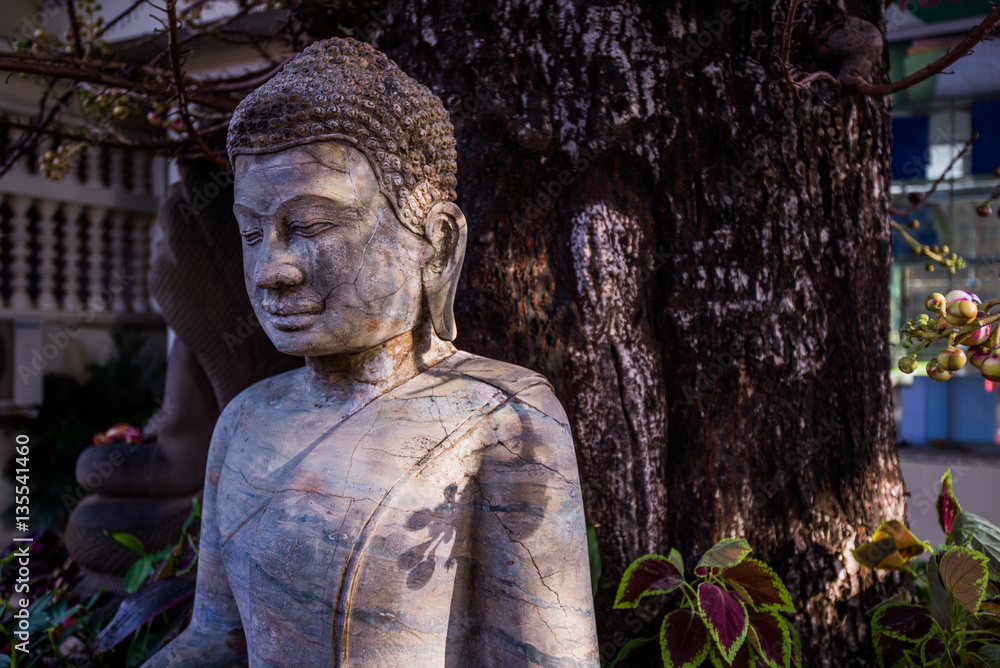 Obraz premium The stone Buddha statue in forest background