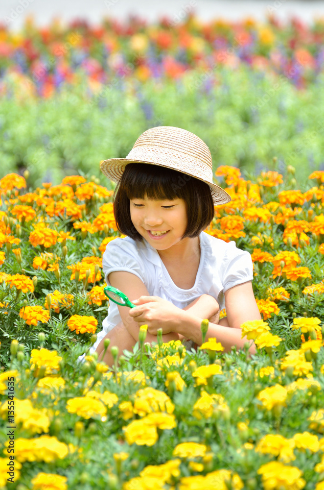 虫めがねで花を観察する女の子(麦わら帽子) 虫めがねで花を観察する女の子(麦わら帽子)