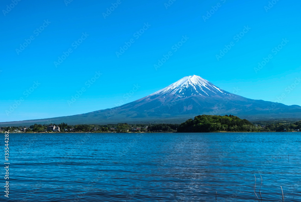 Fuji mountain and Kawaguchiko lake with blue sky, Japan