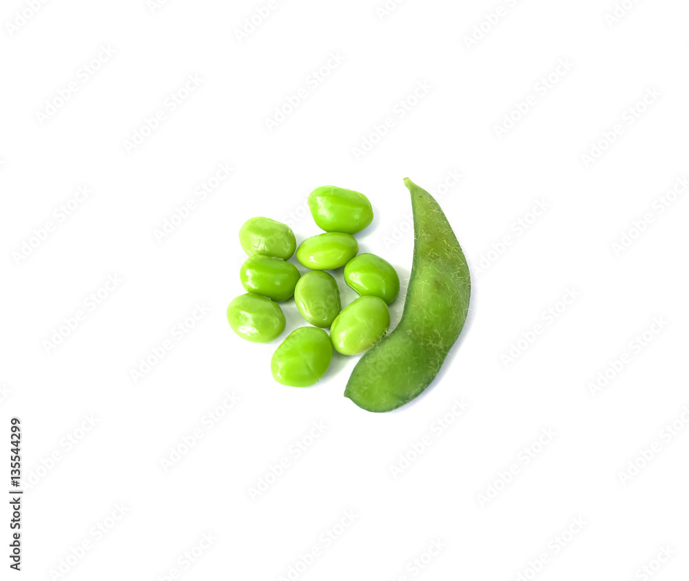 green soybeans and seed isolated, white background green soybeans and seed isolated, white background