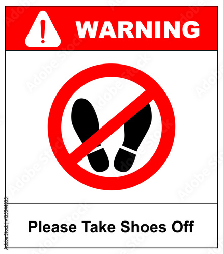 Please take shoes off. Do not step here please sign vector illustration. Red prohibition circle with silhouette of feet print isolated on white.