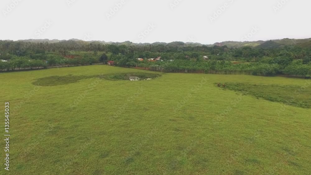 View from the quadrocopter to the green fields and valleys near the village View from the quadrocopter to the green fields and valleys near the village