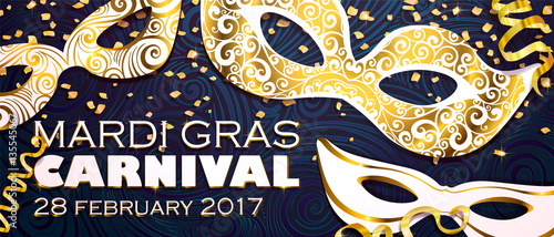 Realistic carnival mask in gold for Mardi Gras invitation flyers, web banner, separated editable elements under mask. Vector illustration,colorful background. Mardi Gras Carnival 28 february 2017