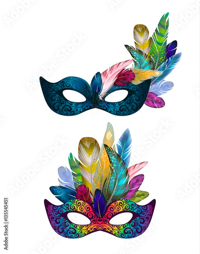 Carnival mask collection with feathers and beads. Colorful decorative ornament, isolated masks set on white. Hand drawn elements, photo props, Vector illustration