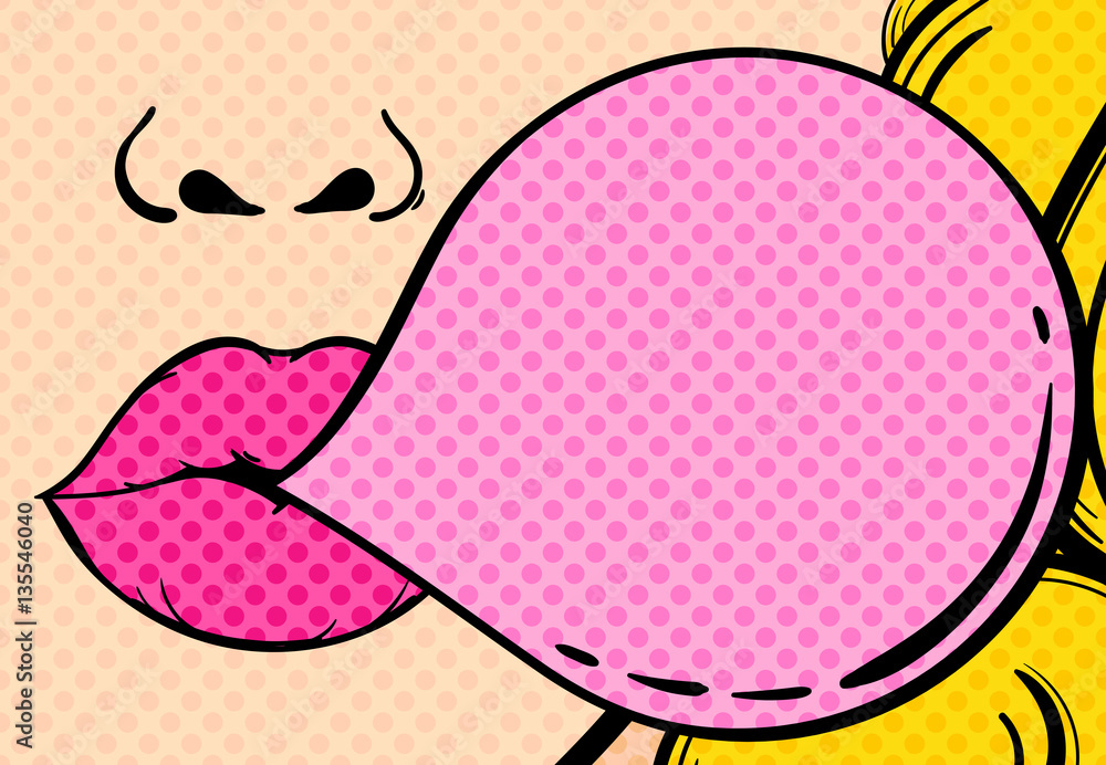 Fototapeta premium Close-up of a woman's face with pink lips and gum bubble. Vector illustration