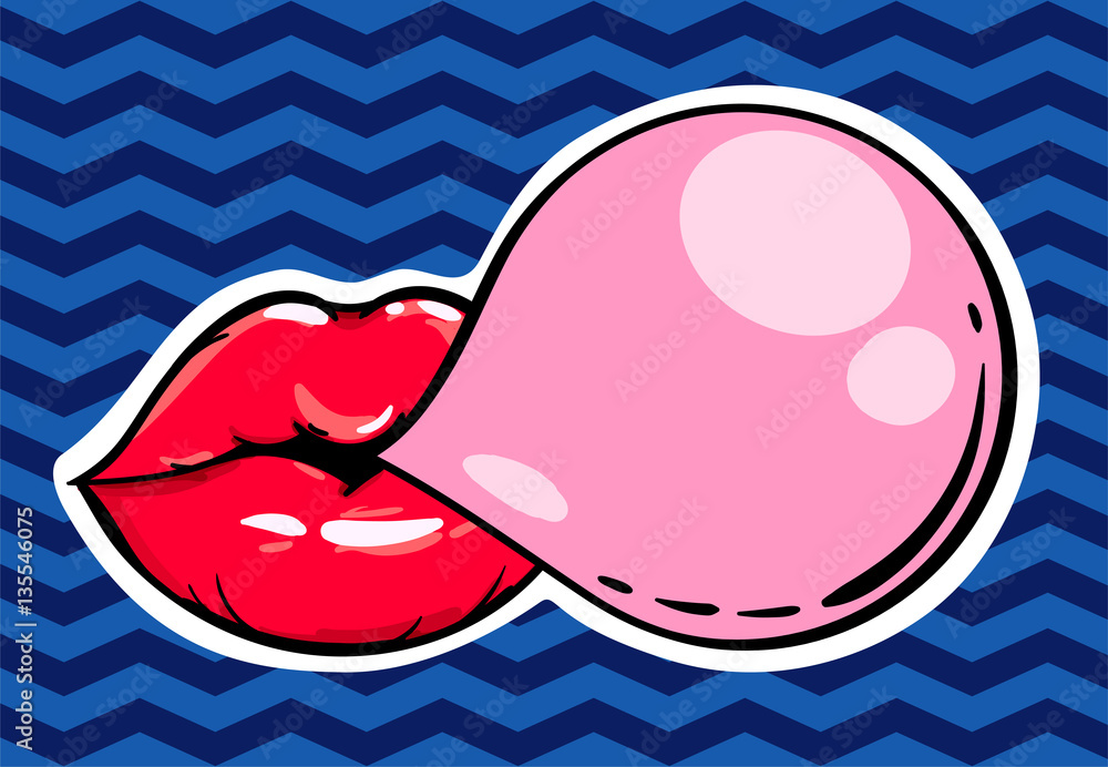 Woman red lips with gum bubble on pop art background. Vector