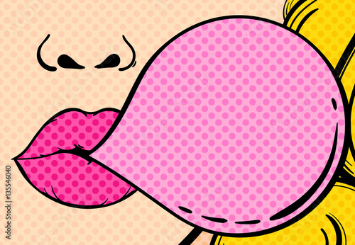 Close-up of a woman's face with pink lips and gum bubble. Vector illustration