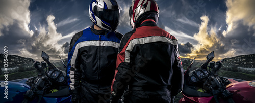 Fotografie, Obraz HDR composite of bikers or motorcycle riders with motor bikes on a road