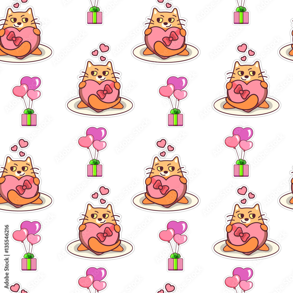 Naklejka premium Fat cat holding heart-shaped box seamless pattern. Valentine's day vector design