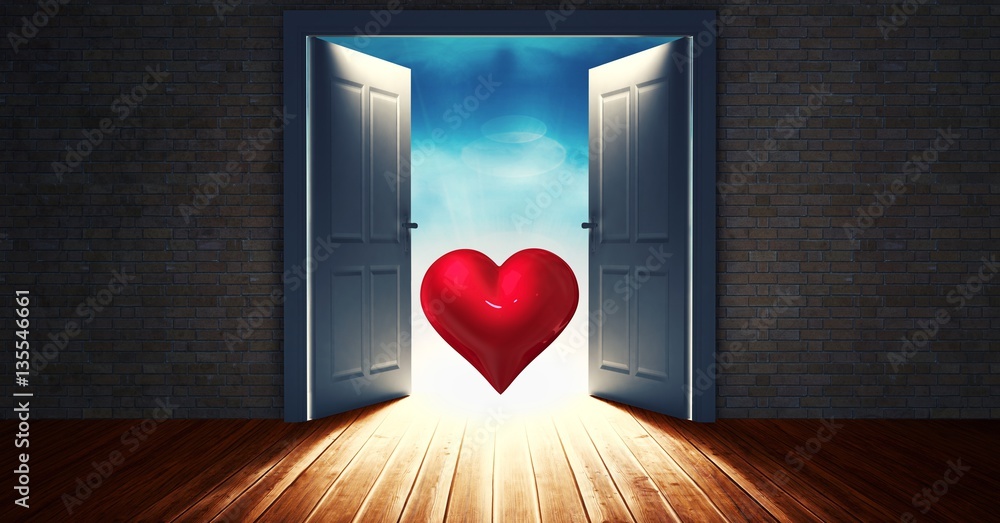 Fototapeta premium Open door to sky with red heart shape