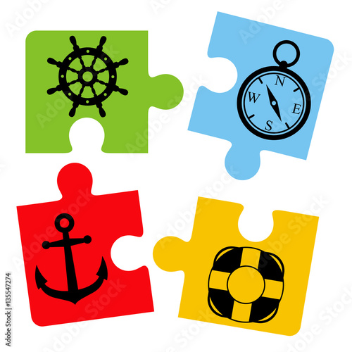 Icono plano piezas de puzzle nautico desordenado en fondo blanco