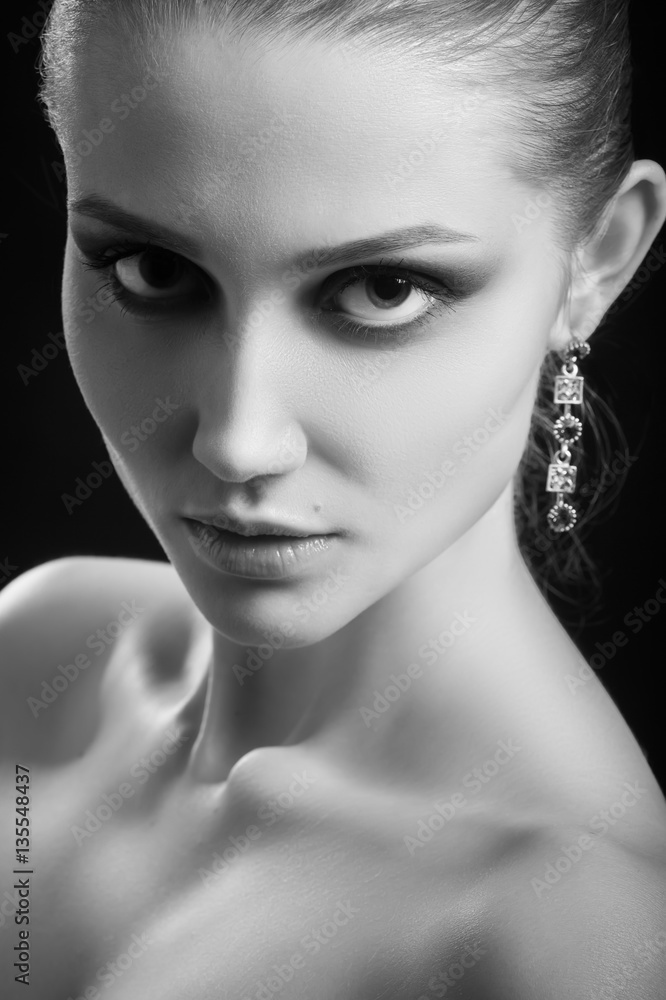 happy luxury woman model with professional makeup on black background monochrome happy luxury woman model with professional makeup on black background monochrome
