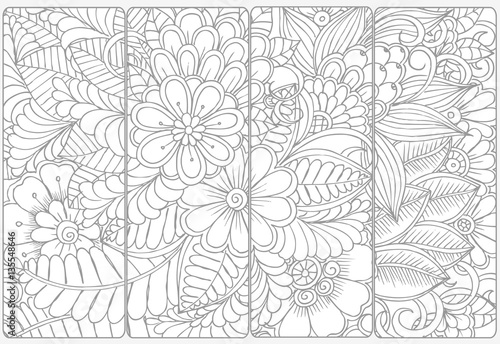 Vector set of monochrome bookmarks and doodle flowers for coloring
