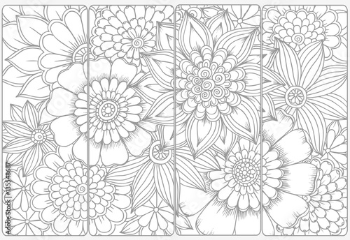 Vector set of monochrome bookmarks and doodle flowers for coloring