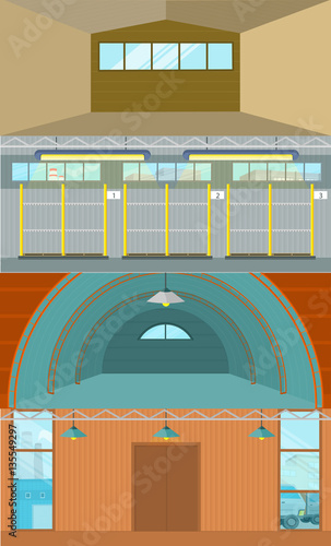 Set Of Warehouses Hangar Buildings In Flat Design
