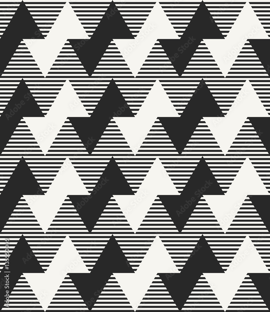 Modern monochrome geometric texture with horizontal zigzag lines and striped background. Vector seamless pattern. Modern monochrome geometric texture with horizontal zigzag lines and striped background. Vector seamless pattern.