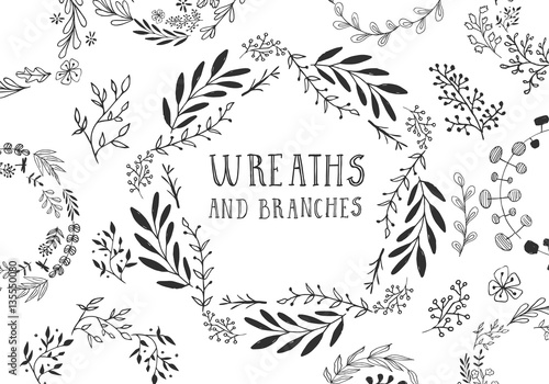 Set of hand drawn wreaths. Vector.