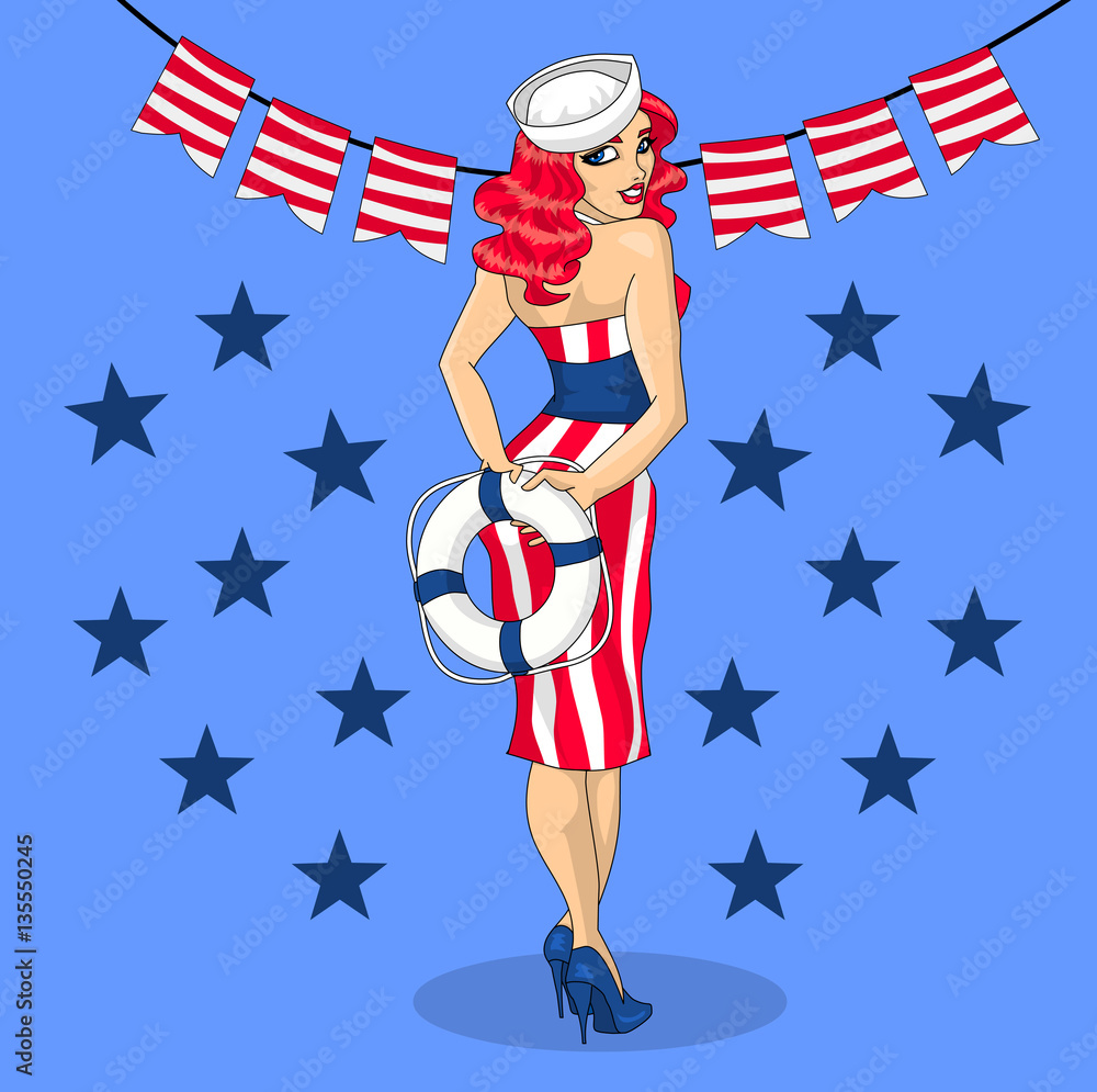 American Pin up girl illustration with sailor hat and 4th of July
