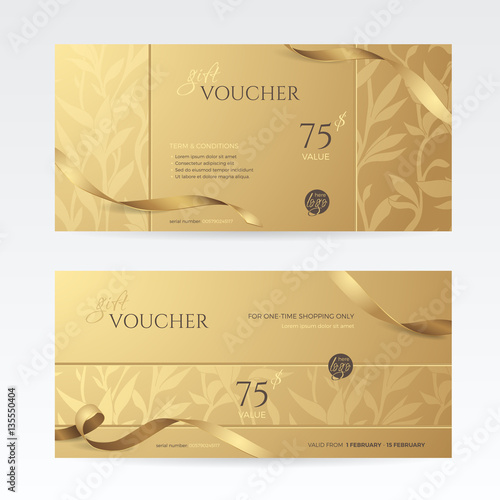 Set of stylish gift vouchers with ribbon and floral pattern. Vector golden template for gift card, coupon and certificate. Isolated from the background.