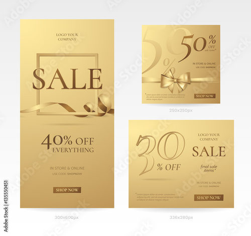 Vector set of stylish golden sale banners of different sizes with bow, frame and ribbon. Template for discount offers and promotion design on the website. Isolated from the background.