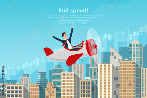 Businessman flying by the airplane on career stairs. Concept of web banner with person flying on plane to the sucsess. Modern flat design of urban landscape with city buildings. Vector illustration.