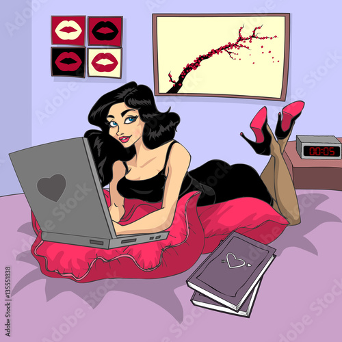 Sexy girl illustration laying in bed with computer