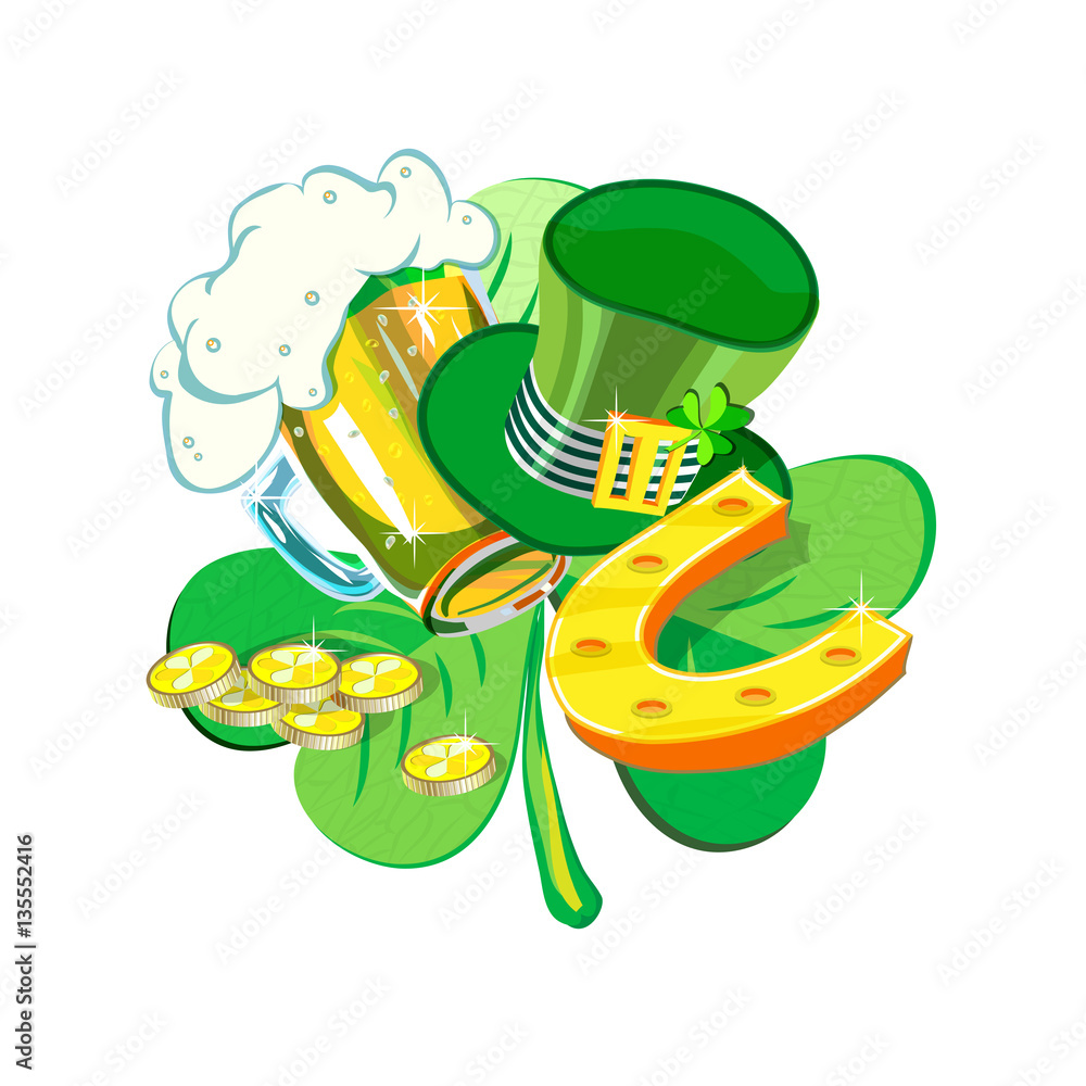 Premium Vector  St patrick's day poster with manuscript glass of beer  horseshoe and clover vector