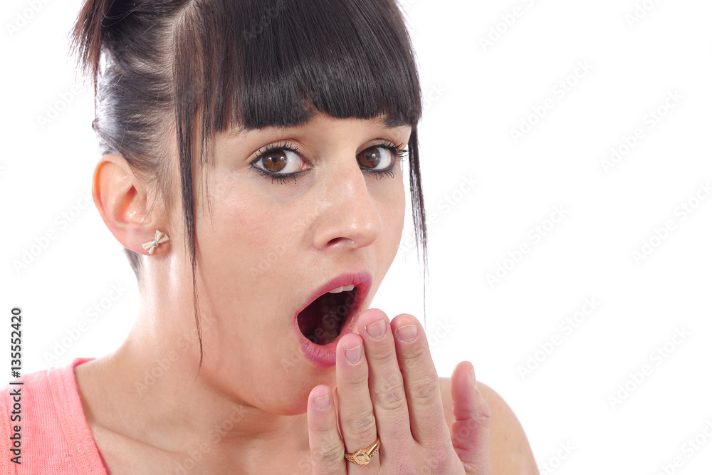 Yawning tired girl on white background Yawning tired girl on white background