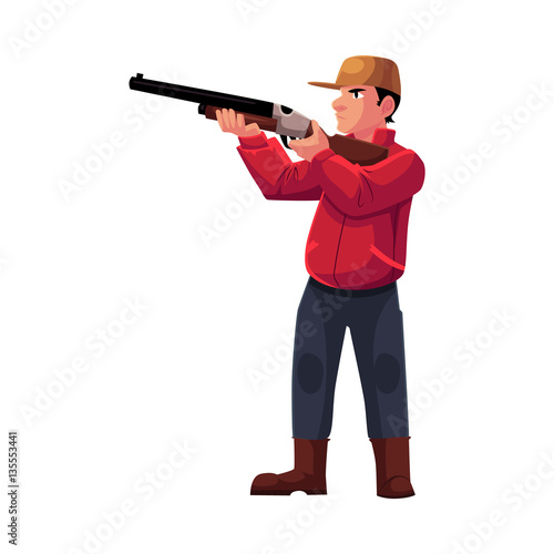 Single hunter aiming at his target with a gun, rifle, cartoon vector illustration isolated on white background. Full length portrait of typical modern hunter in jacket and boots aiming with a gun