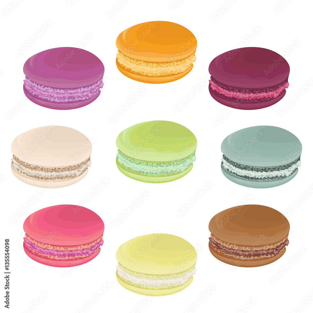 Set of macaroons. French pastries in watercolor style. Isolated elements. Hand drawn vector illustration. Set of macaroons. French pastries in watercolor style. Isolated elements. Hand drawn vector illustration.