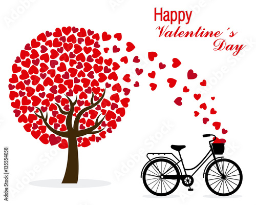 Valentine card. Bicycle and love Tree