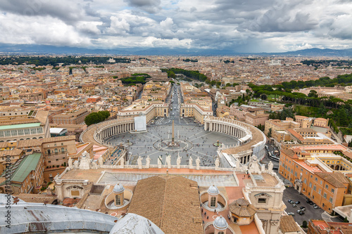 Cloudy view of Vatican and Rome from the top of the dome of St Peter's Basilica, Lazio region, Italy.