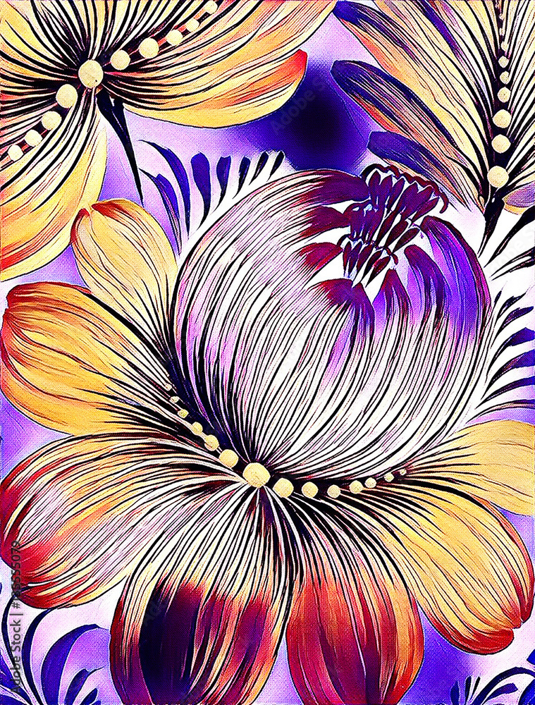 Fototapeta Piękny kolorowy obrazu kwiat z liśćmi. Tradycyjne malarstwo ukraińskie na płótnie tekstury. Artystyczne tło do dekoracji i druku