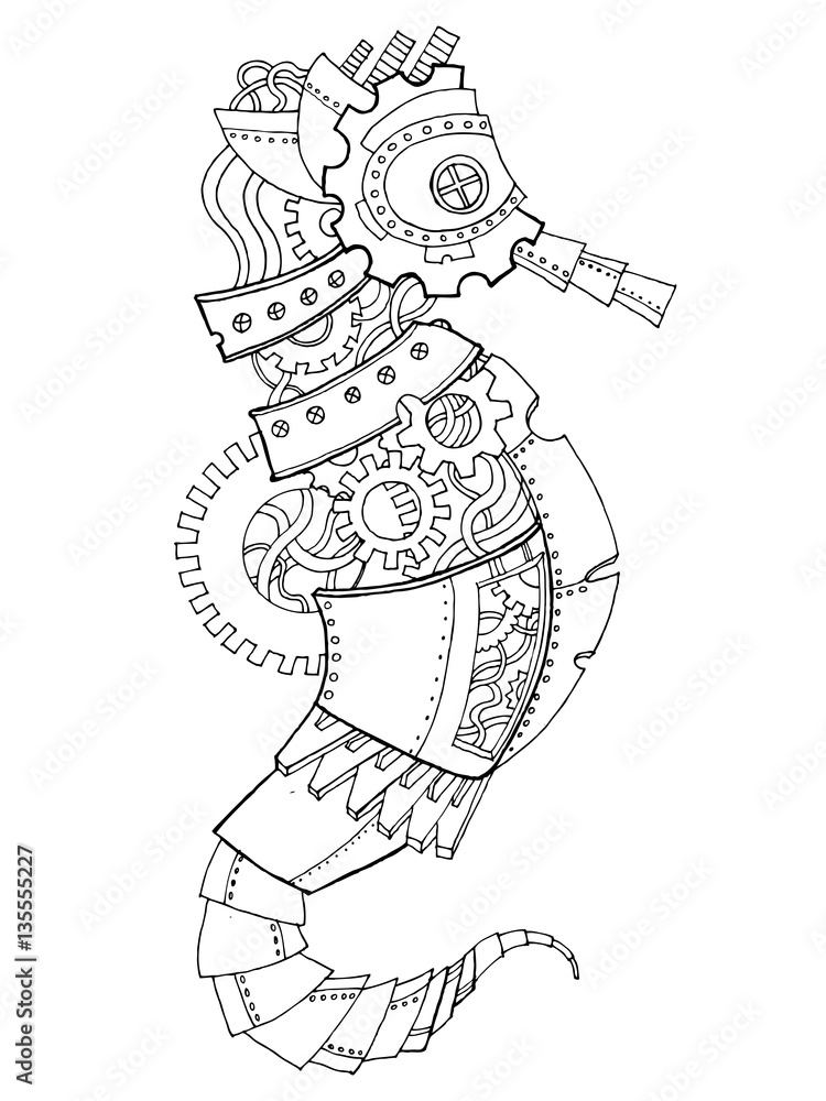 Obraz premium Steampunk style sea horse coloring book vector