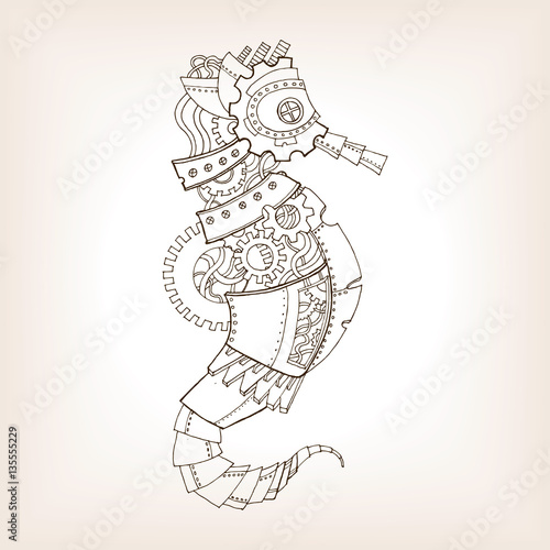 Ancient draft of mechanical sea horse vector