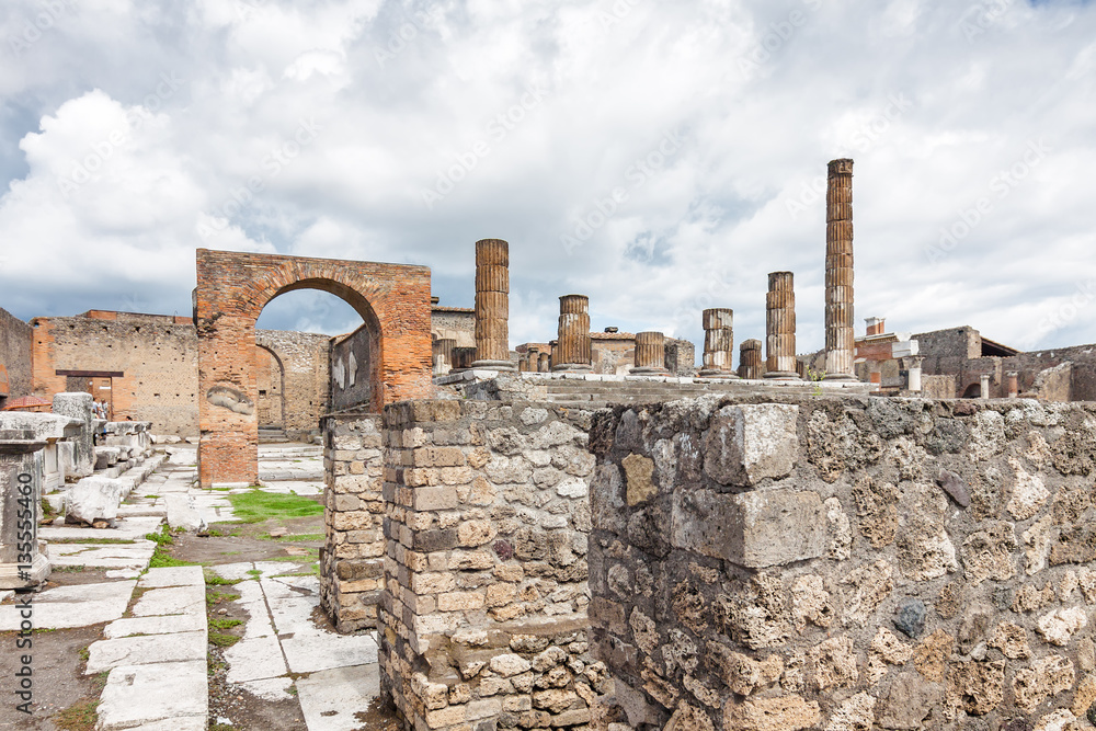 Cloudy view of Pompeii, which was destroyed in 79BC by the eruption of volcano Vesuvius, Campania region, Italy.