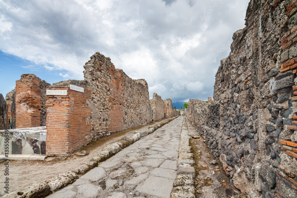 Cloudy view of Pompeii, which was destroyed in 79BC by the eruption of volcano Vesuvius, Campania region, Italy.