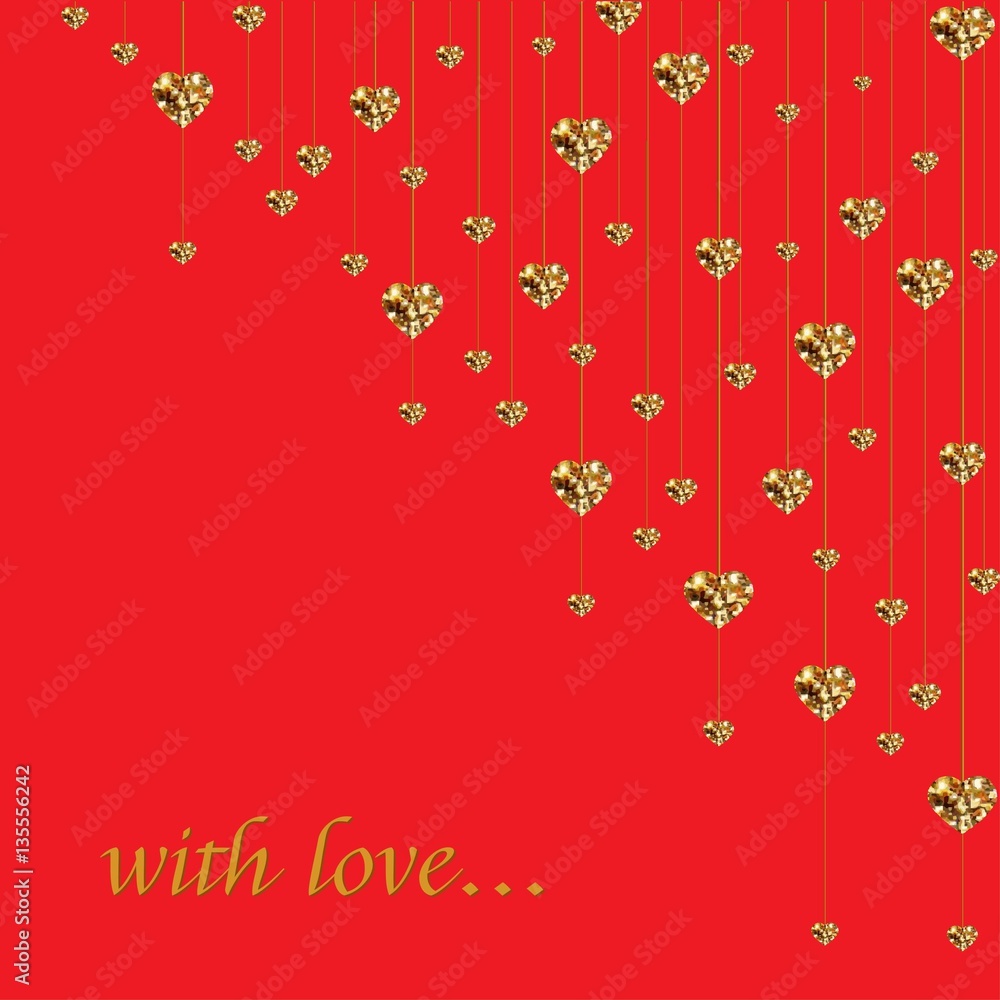 Gold glitter valentine hearts on red background. Luxury Elegant