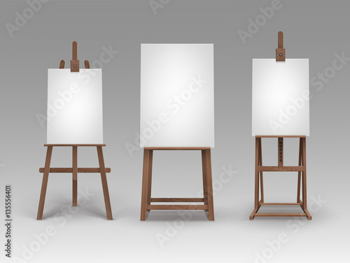 Set of Brown Wooden Easels with Mock Up Empty Blank Vertical Canvases Isolated on Background