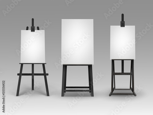 Vector Set of Black Wooden Easels with Mock Up Empty Blank Vertical Canvases on Background