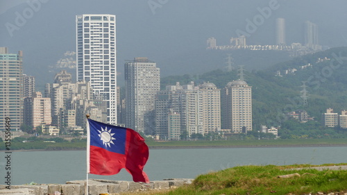 Skyline of Tamsui with Taiwan flag in front