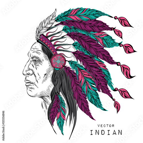 Man in the Native American Indian chief. Black roach. Indian feather headdress of eagle. Hand draw vector illustration