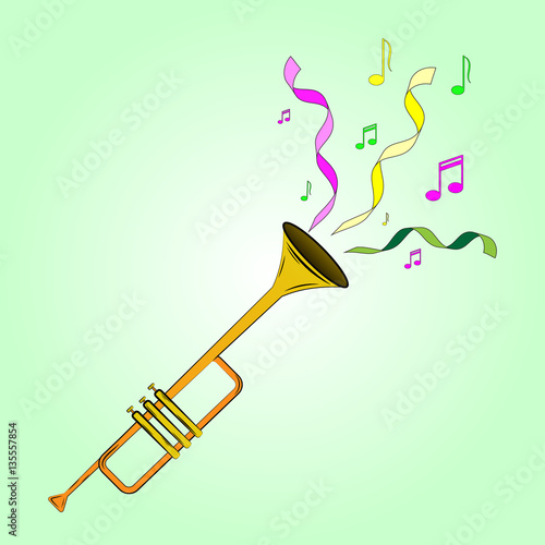Vector color illustrations cartoon trumpet playing at the masquerade. Multi-colored ribbons and musical notes.