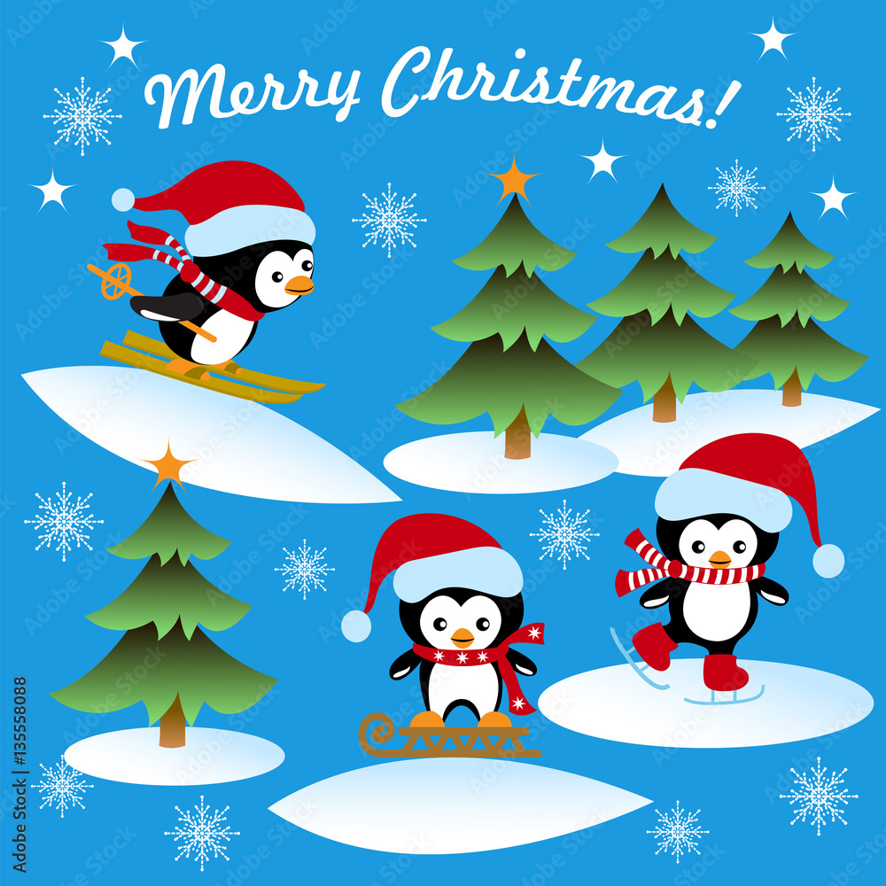 Christmas card with the penguins ice-skating, sledding, skiing, winter background, greeting text Christmas card with the penguins ice-skating, sledding, skiing, winter background, greeting text